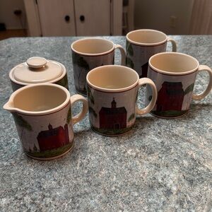 Vintage Warren Kimble Charming Barn Design Mug Set with Creamer and Sugar Bowl